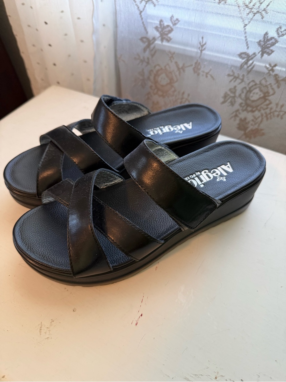 Alegria Black Crossover Slide Sandals